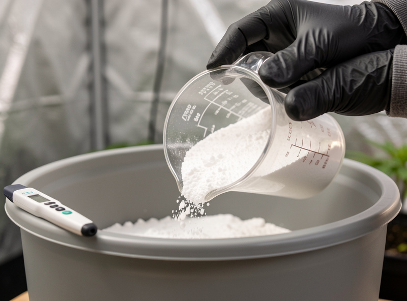 A gloved hand stirring dissolving white mineral powder into a hydroponic reservoir with an EC pen resting on the rim