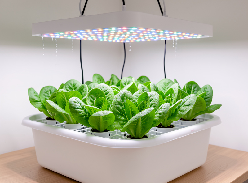 A thriving deep water culture tote of bright green butterhead lettuce under full-spectrum LED grow bars in a clean indoor grow space