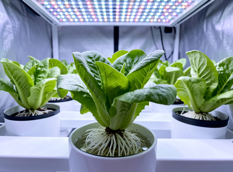 Green butterhead lettuce growing in white net pots with healthy roots in a hydroponic system under cool LED light