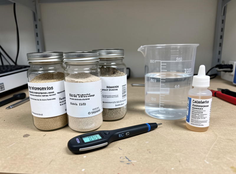 Labeled dry hydroponic salt jars beside a digital EC pen and mixing cup on a home lab workbench
