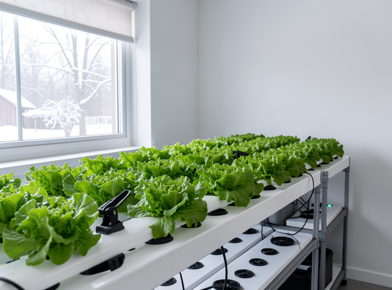 Leafy lettuce in an NFT channel with a small clip fan providing airflow under cool winter daylight in a Scandinavian indoor grow room