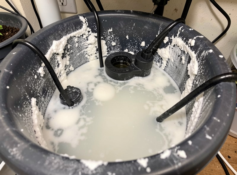 Cloudy white precipitate and chalky calcium residue clinging to a hydroponic reservoir wall and pump