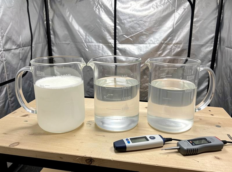 Three measuring jugs of separately dissolved dry hydroponic salts beside an EC pen and pH pen on a workbench