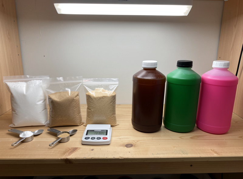 Masterblend dry salts and General Hydroponics Flora liquid trio side by side on a grow-room bench