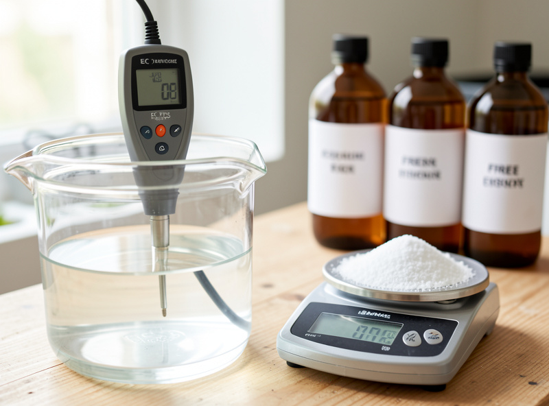 Calibrated EC meter probe in nutrient solution beside a gram scale of dry fertilizer salts