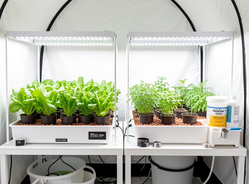 Two hydroponic reservoirs side by side under LED grow lights, one fed with dry salts and one with liquid nutrients