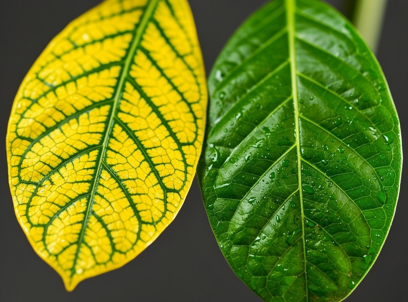 Hydroponic leaves showing interveinal yellowing chlorosis from iron deficiency next to a healthy green leaf