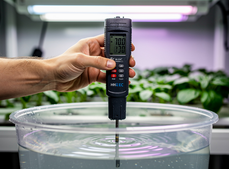 Grower measuring pH and EC of a hydroponic nutrient reservoir with a digital combo meter
