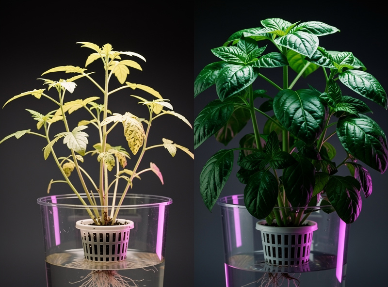 Comparison of a nutrient deficient pale hydroponic plant beside a healthy deep green plant under grow lights