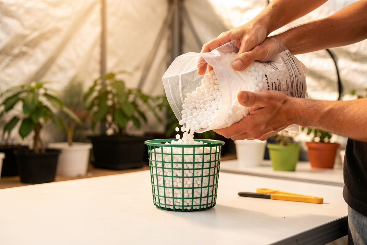 Hands pouring white perlite into a hydroponic net pot on a workbench