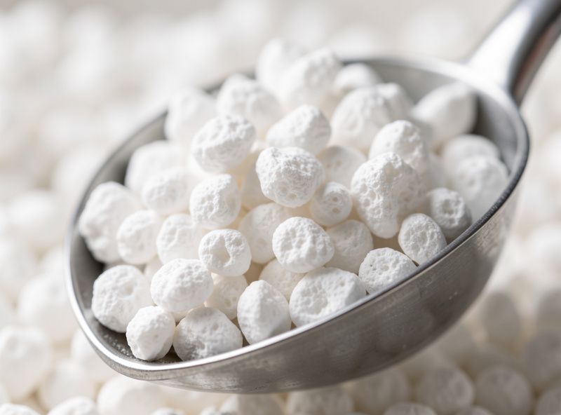 Close-up of bright white porous perlite granules in a metal scoop