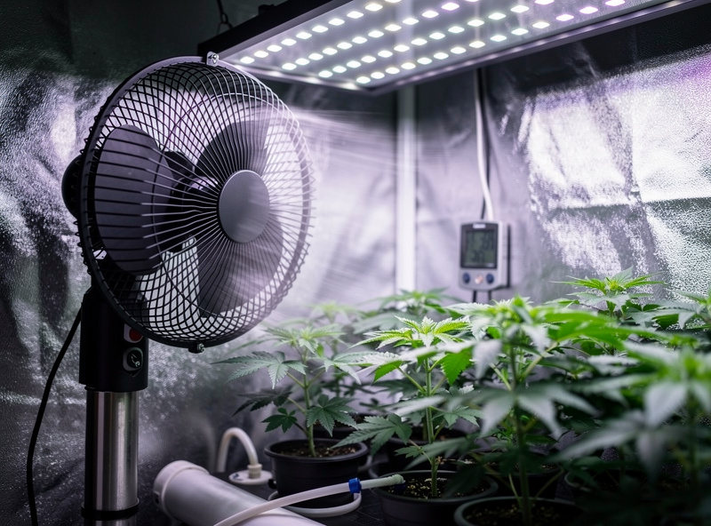 An oscillating clip fan moving air across a hydroponic canopy inside a grow tent to prevent powdery mildew