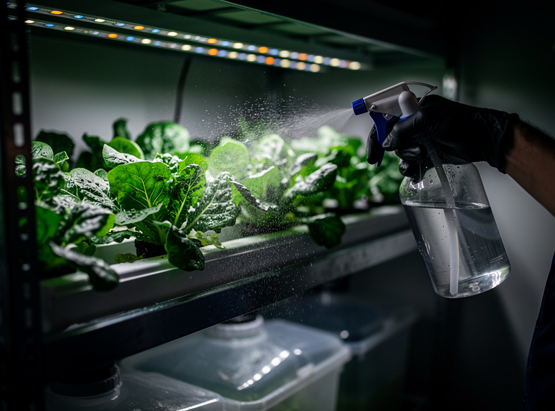Grower spraying hydroponic plants with potassium bicarbonate solution under lights off to treat powdery mildew