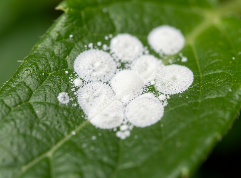 White powdery mildew patches on the upper surface of a hydroponic plant leaf in a grow tent