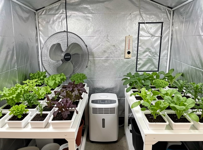 Oscillating fan and dehumidifier in a hydroponic grow tent with well-spaced leafy plants and a hygrometer