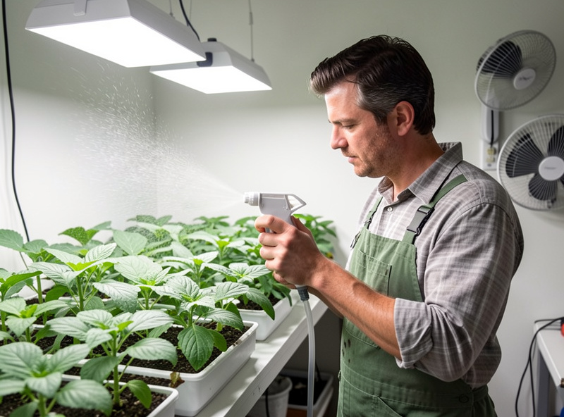 Grower spraying a potassium bicarbonate solution onto hydroponic leaves with the lights on and a fan running