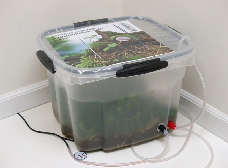 Opaque hydroponic reservoir with a sealed printed lid, air pump and a thermometer, set up to prevent root rot