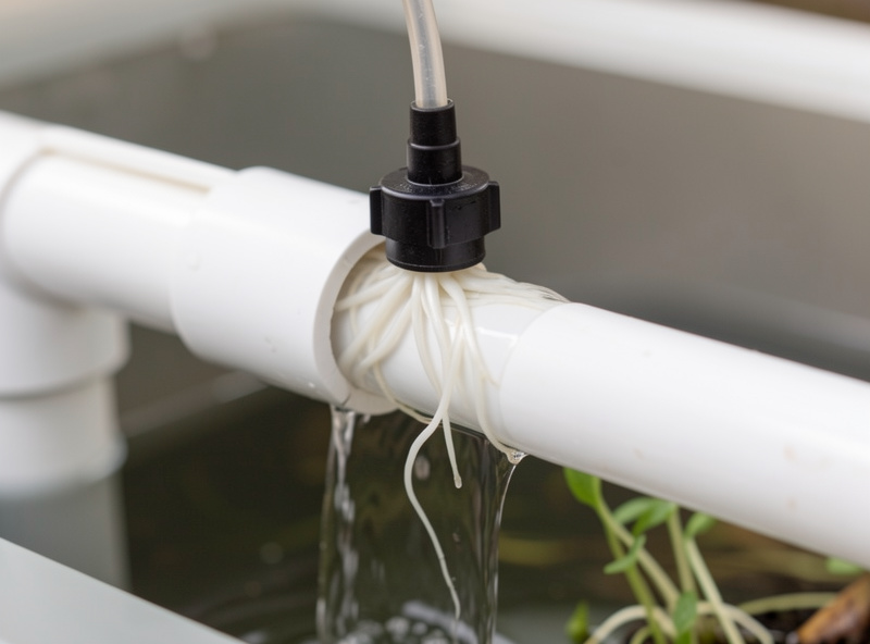 A submersible pump feeding the top of a PVC NFT channel with a thin film of water flowing past white roots