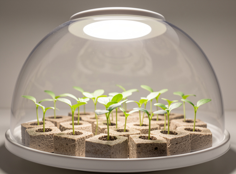 Hydroponic seedlings sprouting from rockwool cubes under a vented humidity dome