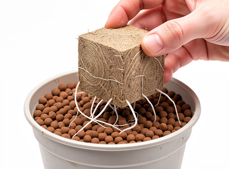 Rockwool cube with visible white roots being placed into a net pot with clay pebbles