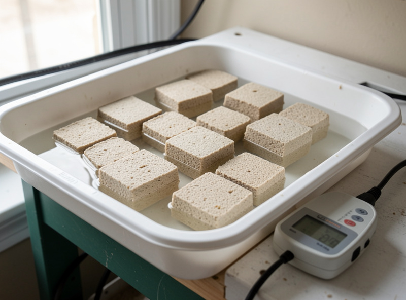 Beige rockwool starter cubes soaking in a tray of water with a pH meter on the edge