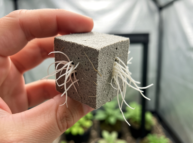 A single rockwool cube held between fingers with white roots emerging from its sides