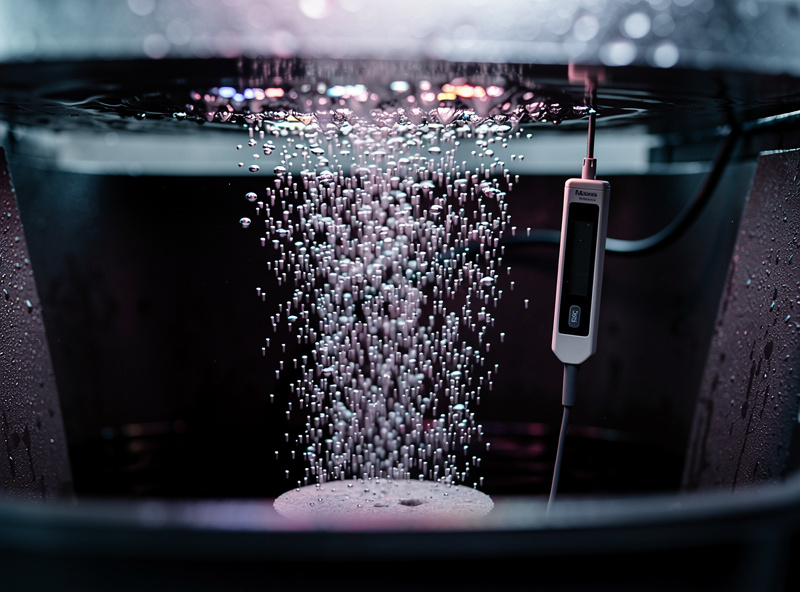 Air stone bubbling oxygen into a dark hydroponic deep water culture reservoir with a thermometer