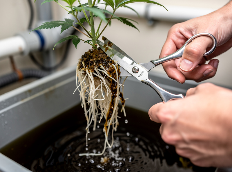 Grower trimming away slimy brown rotted roots with clean scissors during a hydroponic reservoir change