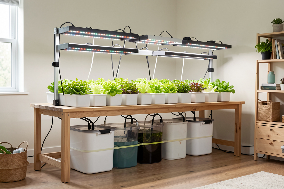 Scaled home hydroponic bench with connected DWC totes feeding a shared reservoir under grow lights