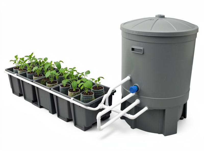 Row of connected DWC totes plumbed to a single large shared hydroponic reservoir