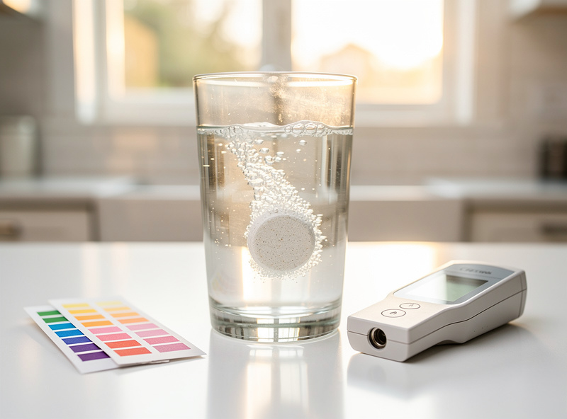Glass of water with electrolyte tablet dissolving, next to pH and EC testing supplies on kitchen counter, morning light