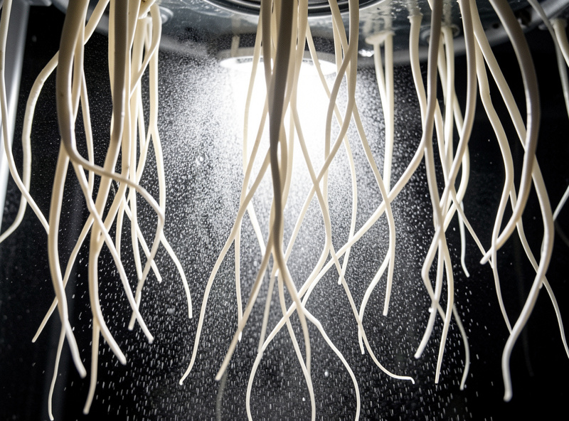 Bare white plant roots hanging in air being coated by a fine mist of nutrient solution inside an aeroponic chamber
