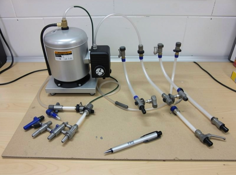 An aeroponic pump, accumulator tank and fine misting nozzles laid out on a workbench