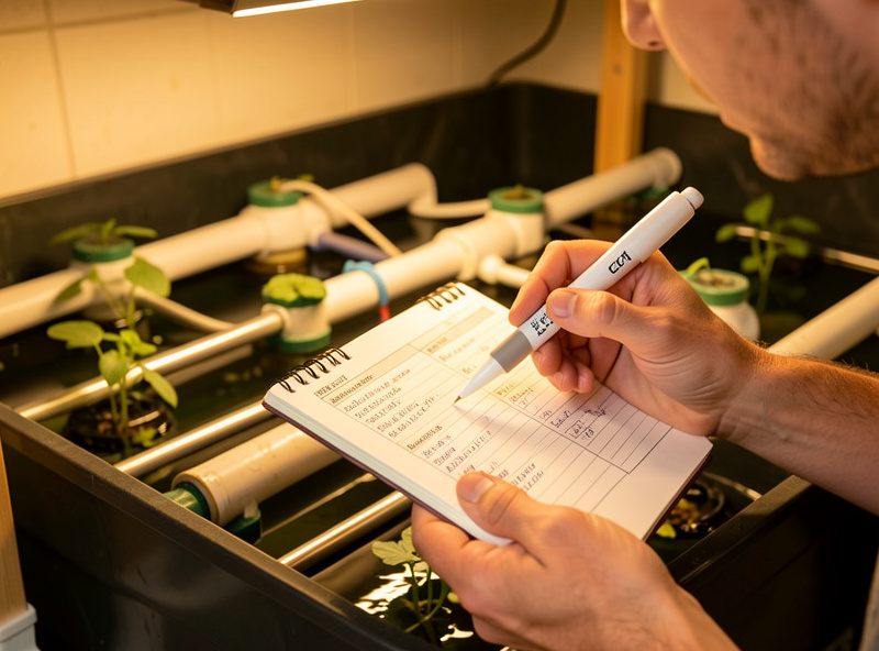 A grower holding an EC pen over a reservoir beside a notebook of logged readings while choosing a system