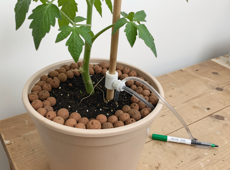 A drip emitter feeding nutrient solution to a tomato plant in a clay-pebble bucket with an EC pen nearby