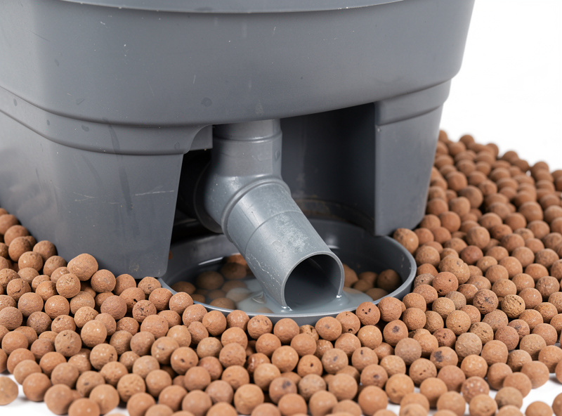 Close-up of a Dutch bucket elbow siphon fitting that holds a shallow reservoir while draining excess solution
