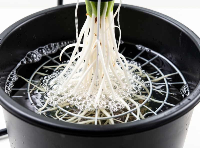 Healthy white DWC root mass dangling into oxygenated nutrient water with bubbles from an air stone