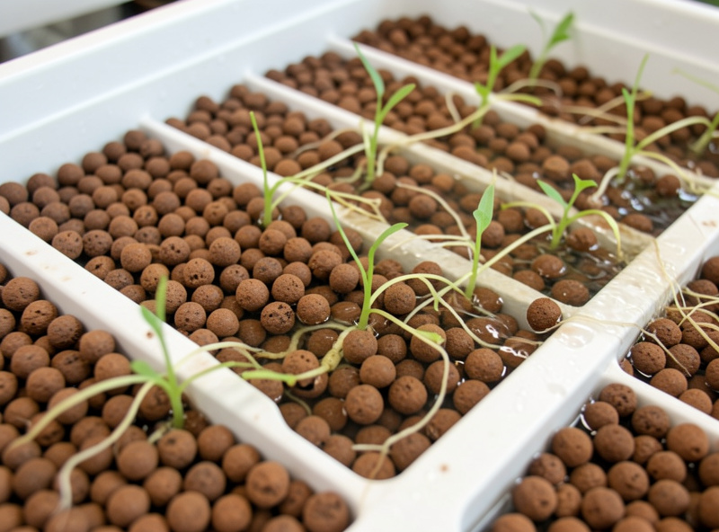 Close-up of a clay-pebble flood bed with roots growing through the hydroton as water drains away