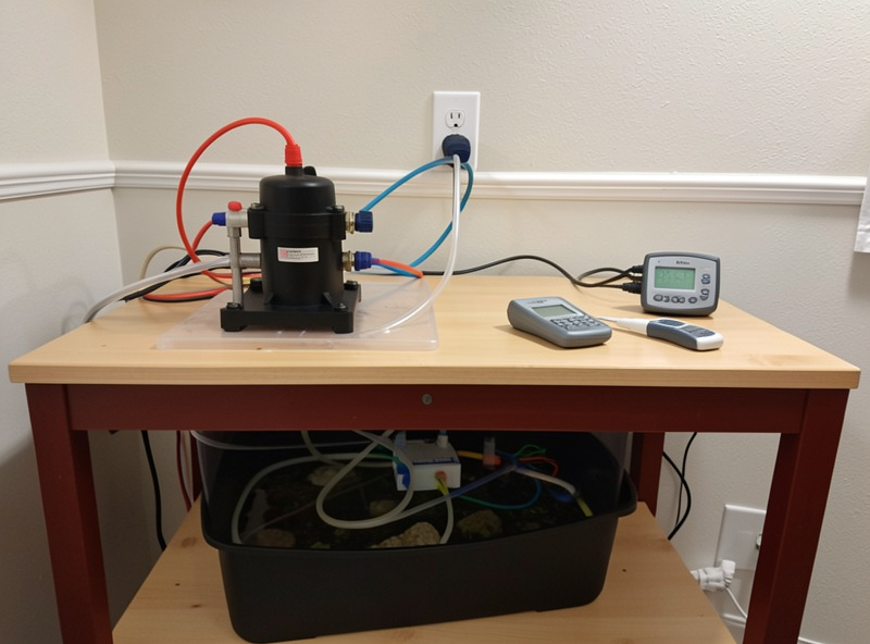 A digital timer and submersible pump feeding an ebb and flow system with EC and pH pens on the bench