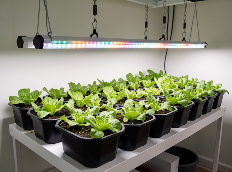 Full-spectrum LED grow bars suspended over a row of deep water culture totes with lettuce, photographed on an indoor hydro bench