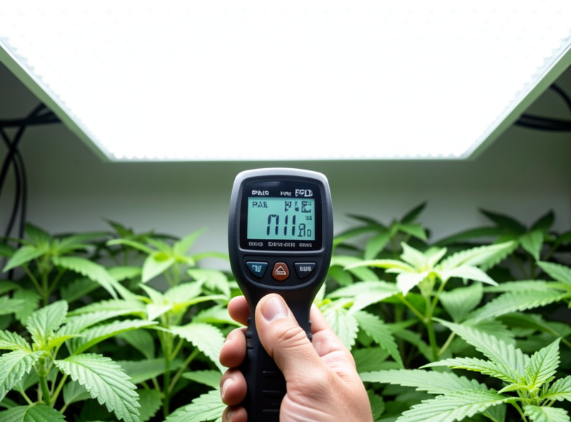 Close-up of a PAR PPFD meter sensor held at canopy height beneath a white full-spectrum LED panel