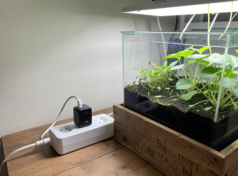 Smart plug timer module plugged into a grow light power strip beside a hydroponic reservoir, automating the photoperiod