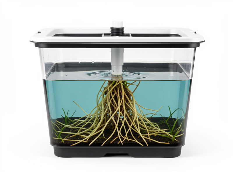 Cross-section of a Kratky reservoir showing the air gap feeding upper roots while lower roots stay in solution