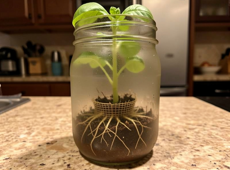 A single opaque mason jar Kratky setup growing a basil seedling on a kitchen counter