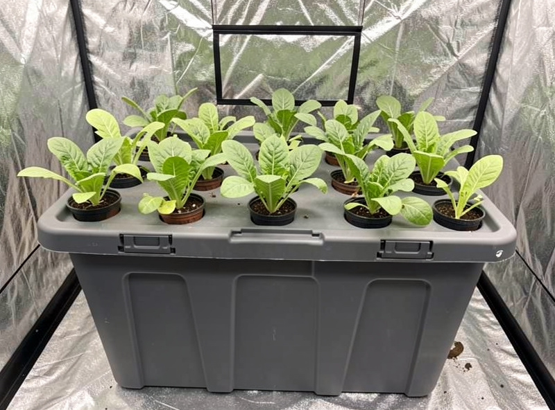 A large opaque tote Kratky system growing several heads of leafy greens from net pots in the lid
