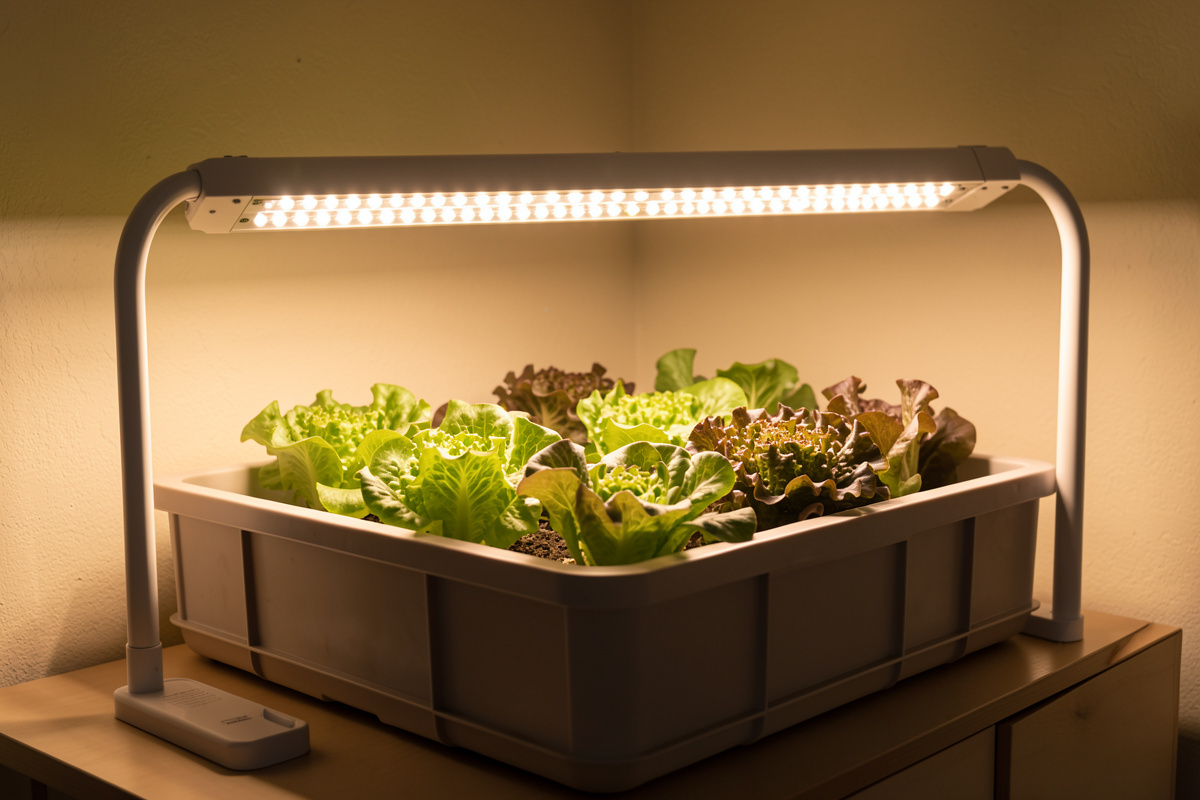 LED and HPS grow lights compared over a hydroponic bench