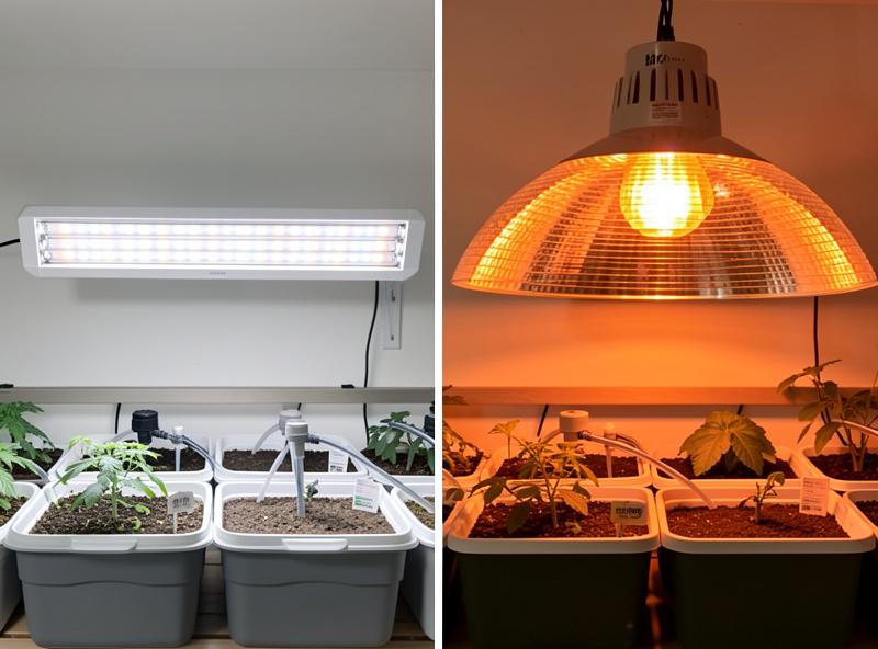 Side-by-side comparison of a white full-spectrum LED grow bar and an older HPS reflector hood above a hydroponic bench