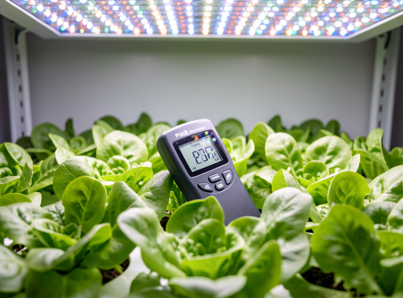 A PAR PPFD meter displaying a reading while its sensor sits among hydroponic lettuce under a full-spectrum LED light