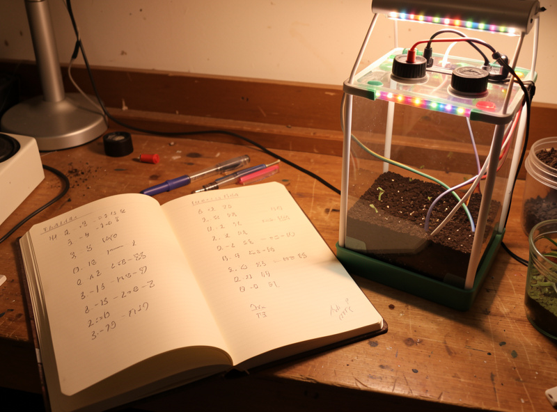 A notebook page showing handwritten PPFD and DLI calculations beside a hydroponic grow setup