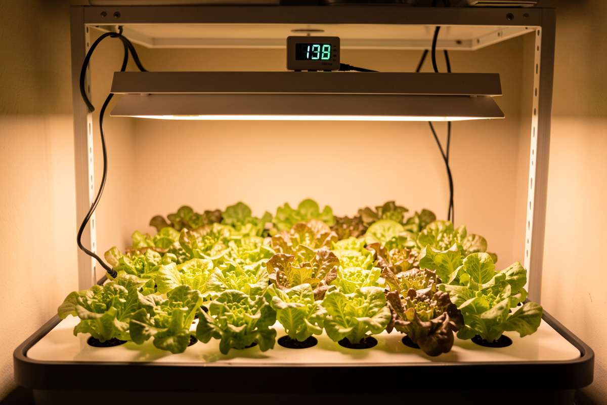 Hydroponic grow lights on a timer set to a consistent daily photoperiod